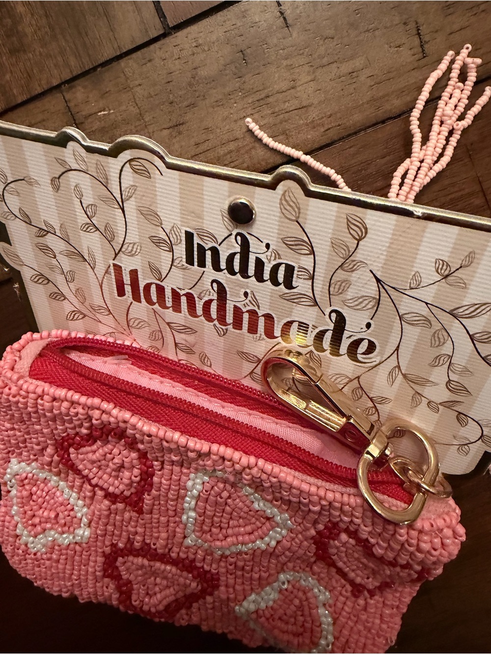 Handmade Pink Beaded Heart Coin Pouch with Tassel - Picture 2 of 3